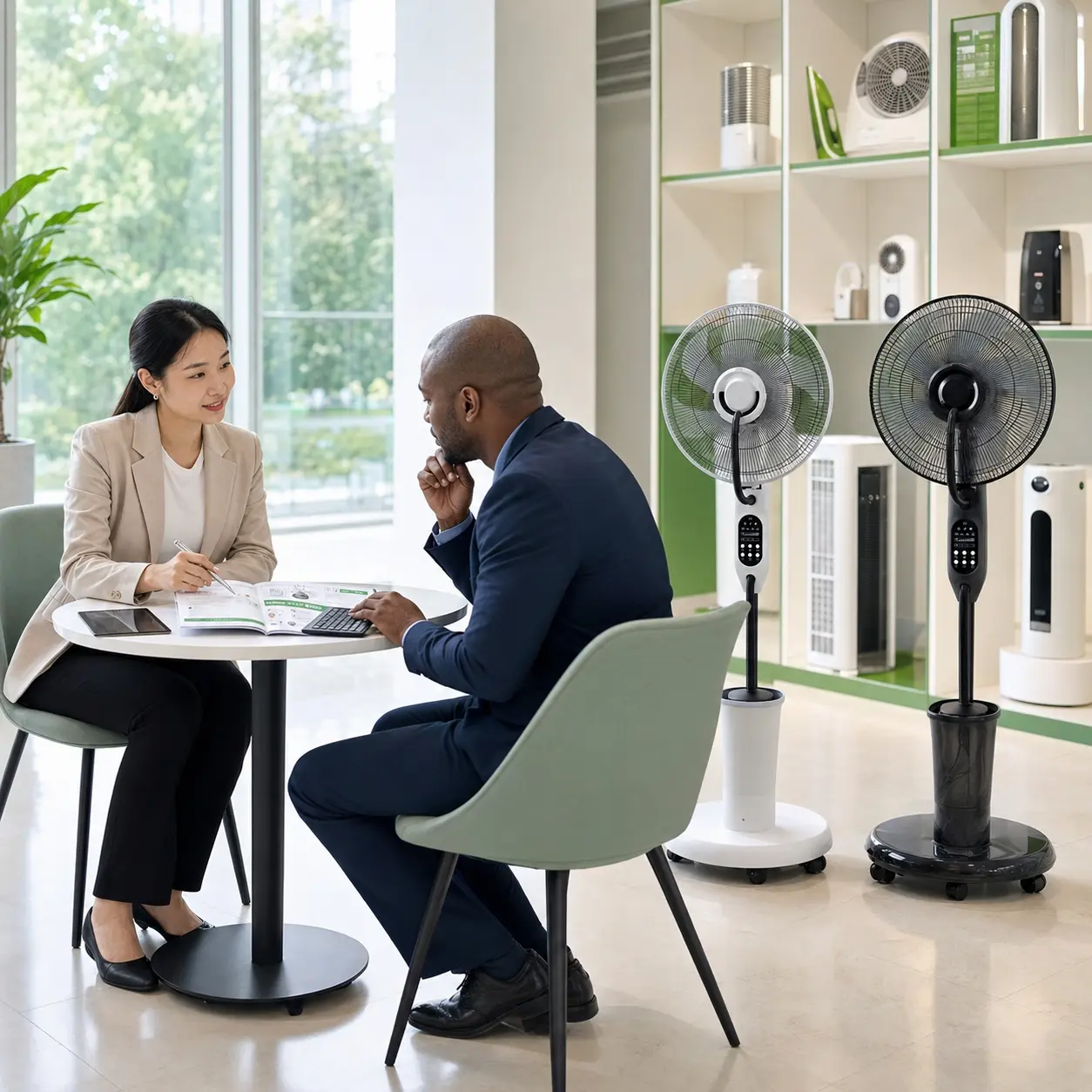 HBT AIR export representative discussing full-size mist fan models with an international buyer in a showroom