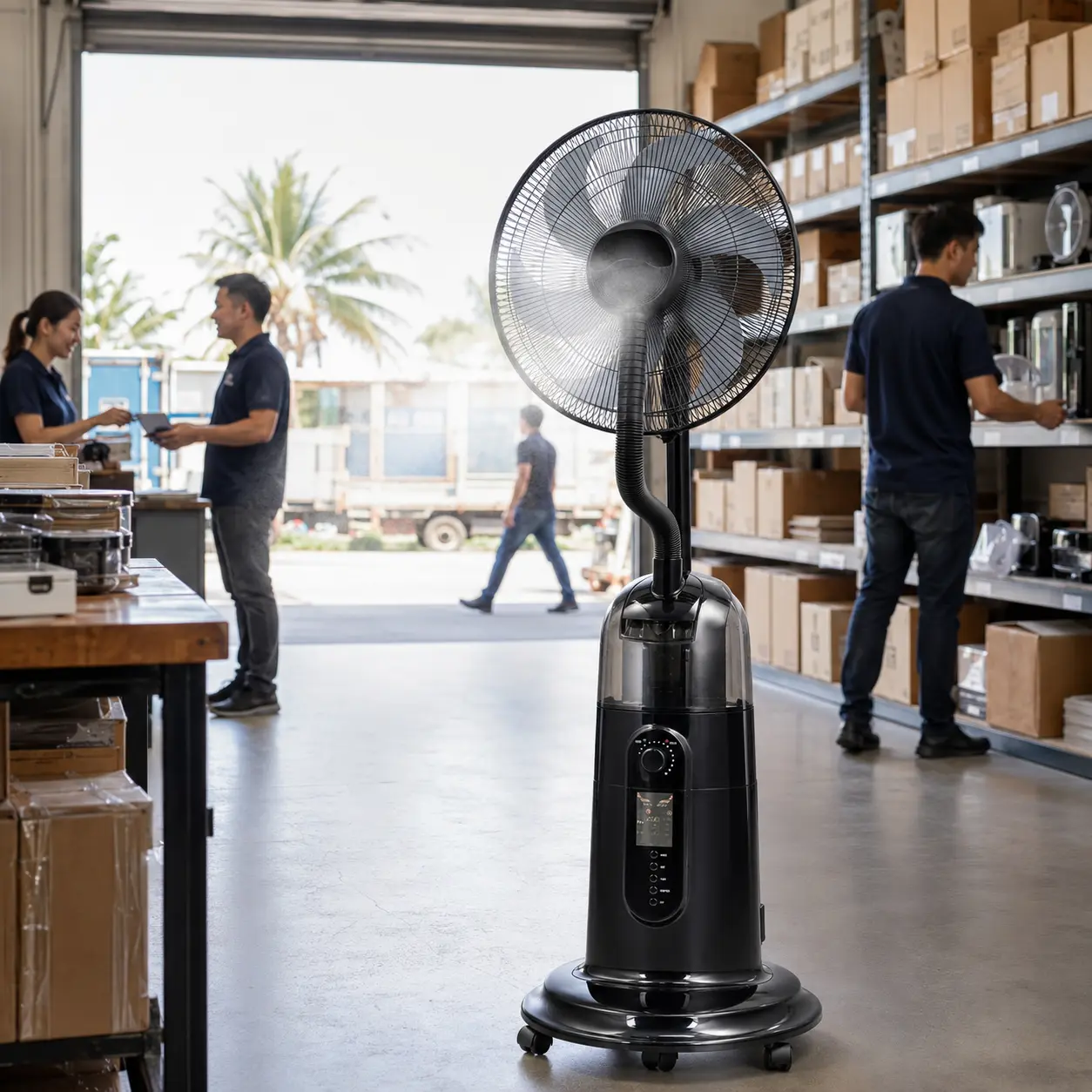 HBT AIR commercial mist fan in a retail and warehouse environment
