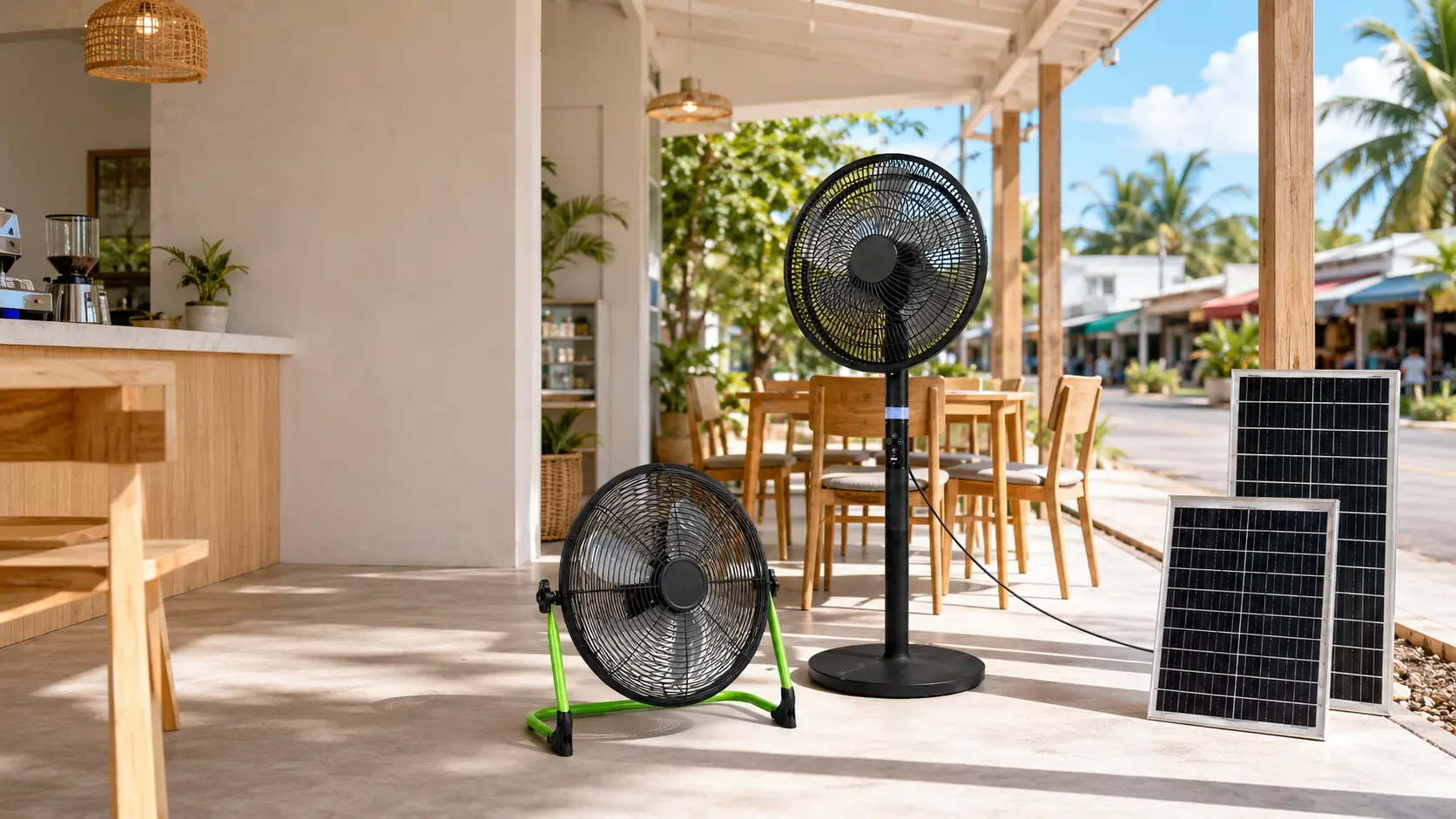HBT AIR solar rechargeable fans for tropical outdoor and hospitality spaces