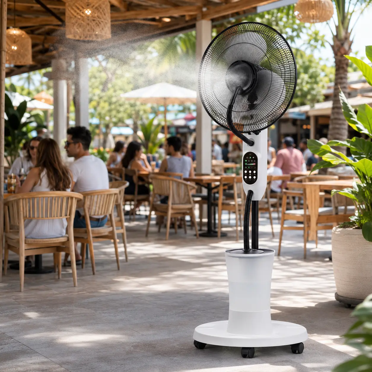 HBT AIR mist fan cooling an outdoor cafe