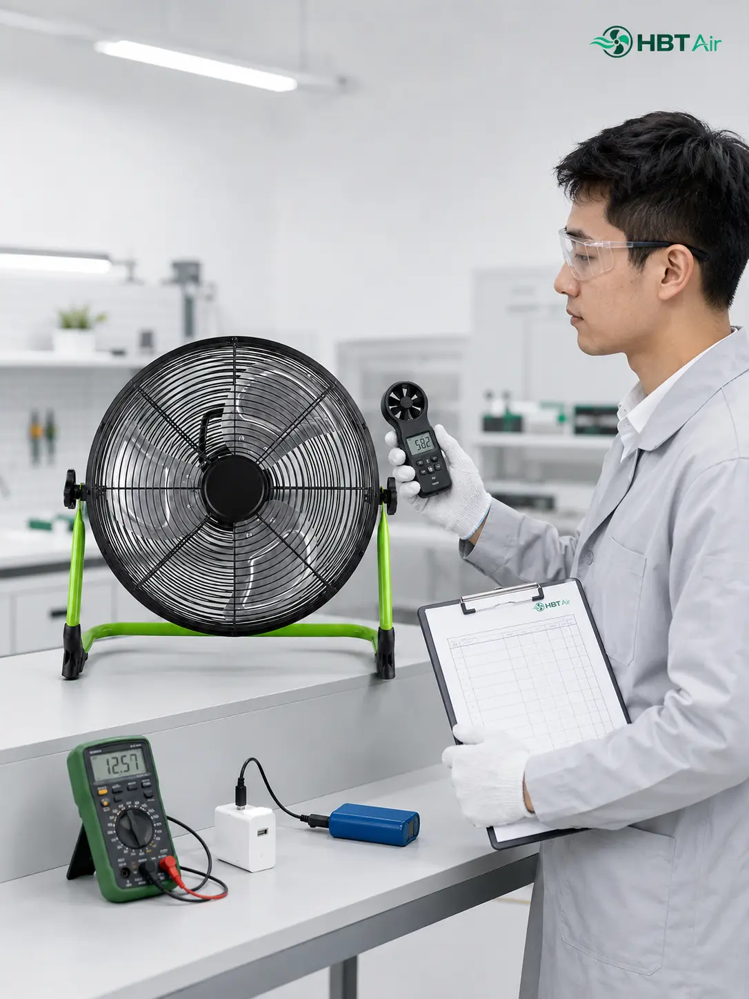 Rechargeable and mist fan performance testing